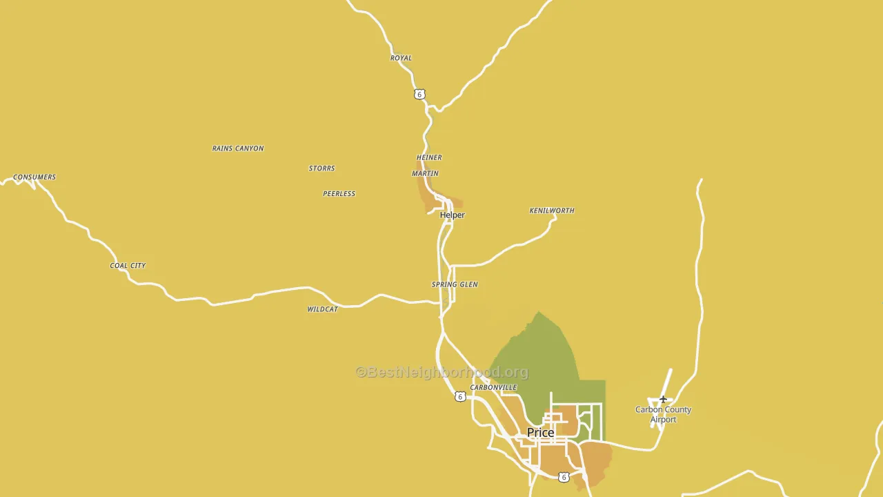 Map of the best neighborhoods in the 84526 area, with better matches in green and worse matches in red