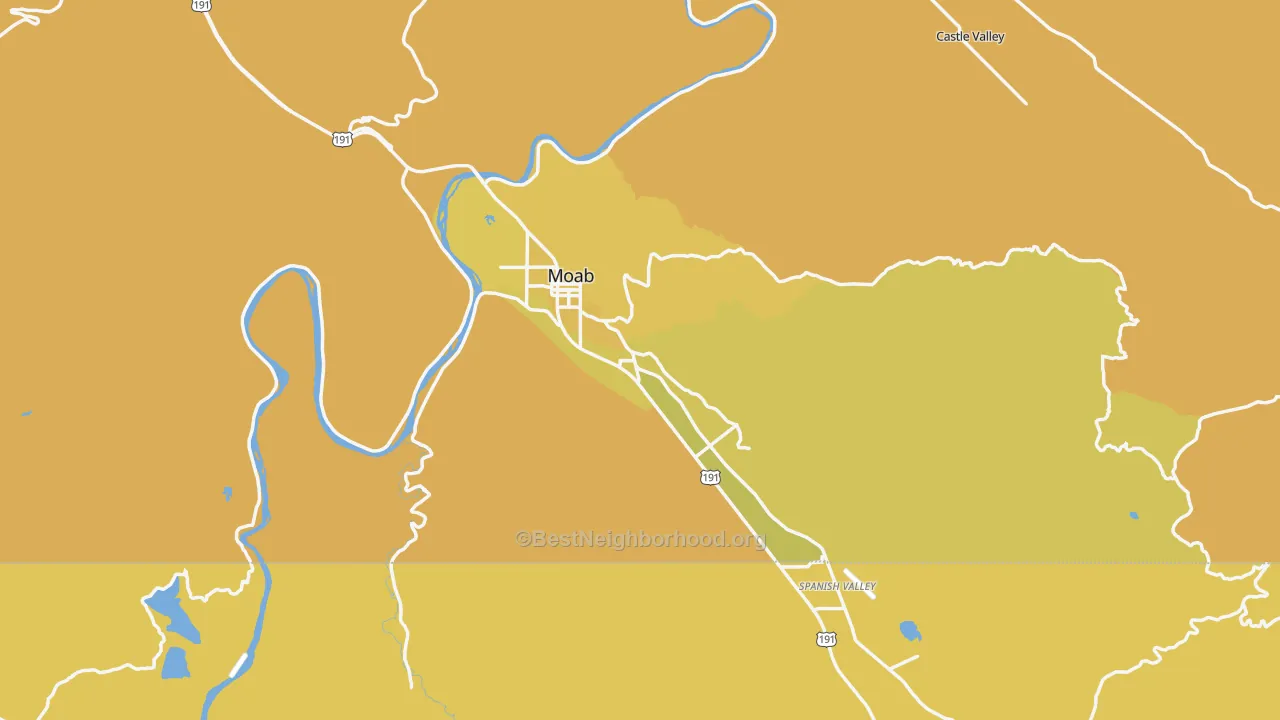 Map of the best neighborhoods in the 84532 area, with better matches in green and worse matches in red