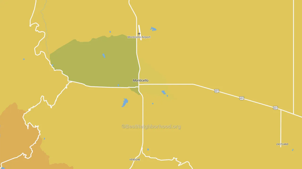 Map of the best neighborhoods in the 84535 area, with better matches in green and worse matches in red