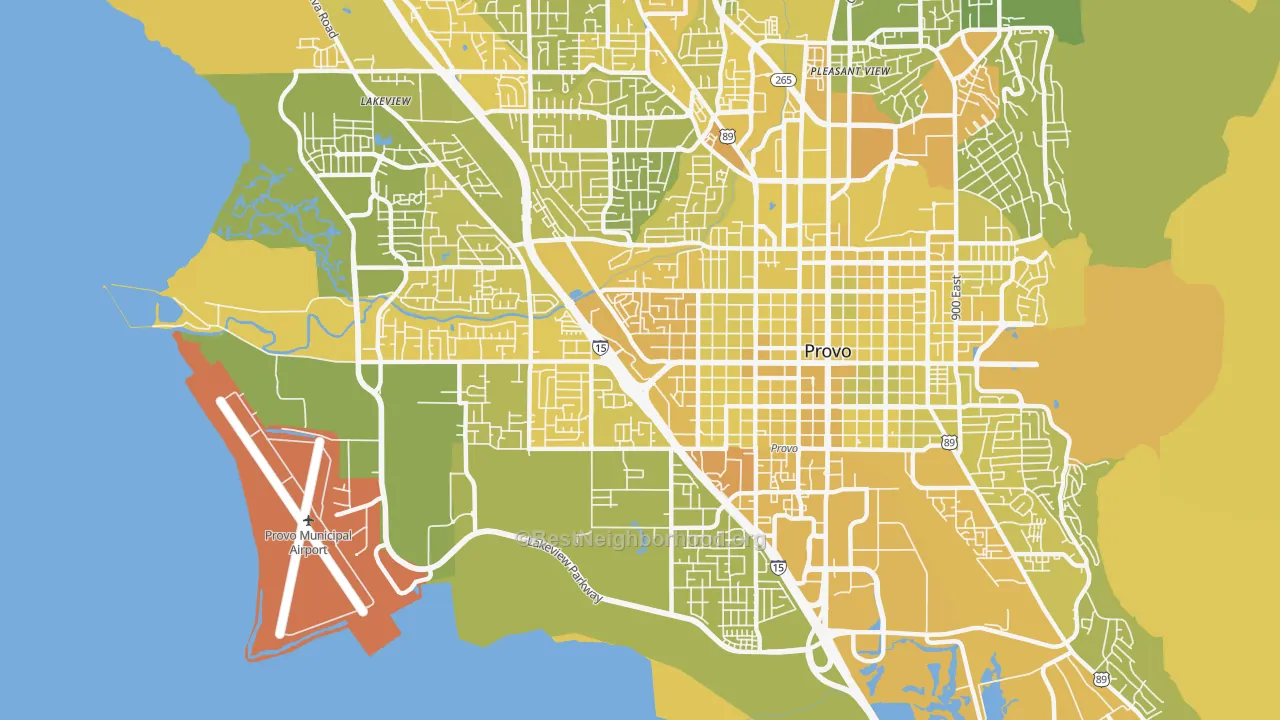 Map of the best neighborhoods in the 84601 area, with better matches in green and worse matches in red
