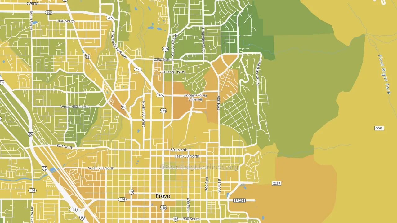 Map of the best neighborhoods in the 84602 area, with better matches in green and worse matches in red
