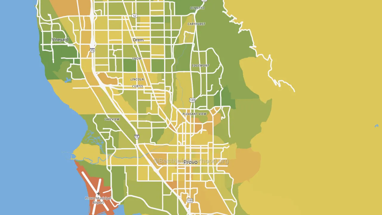Map of the best neighborhoods in the 84604 area, with better matches in green and worse matches in red