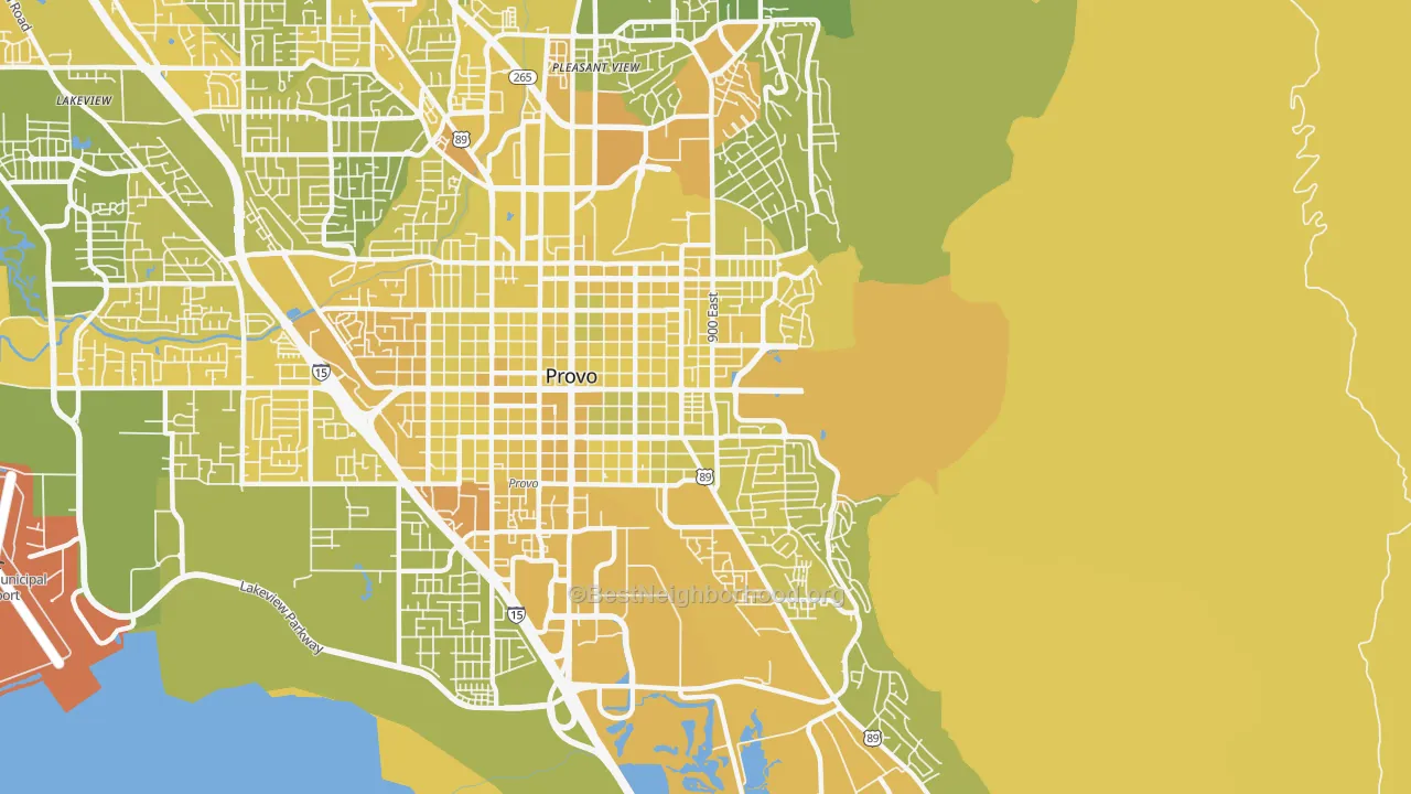 Map of the best neighborhoods in the 84606 area, with better matches in green and worse matches in red