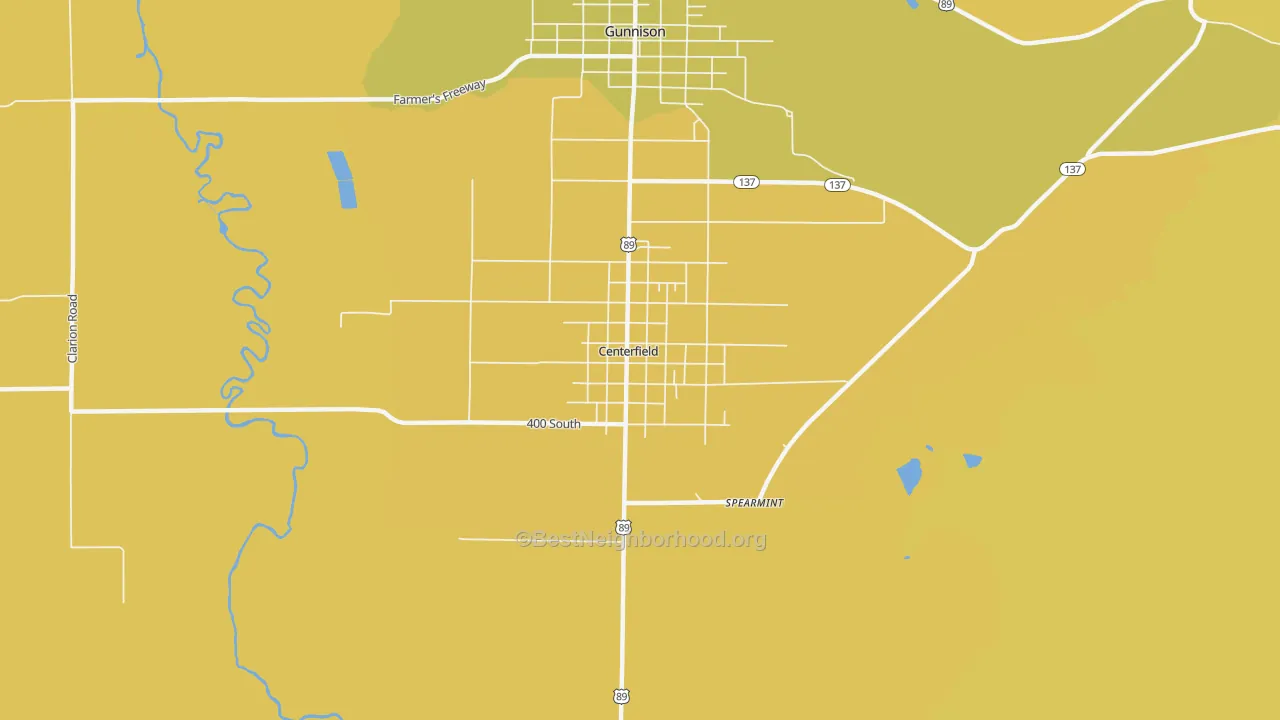Map of the best neighborhoods in the 84622 area, with better matches in green and worse matches in red