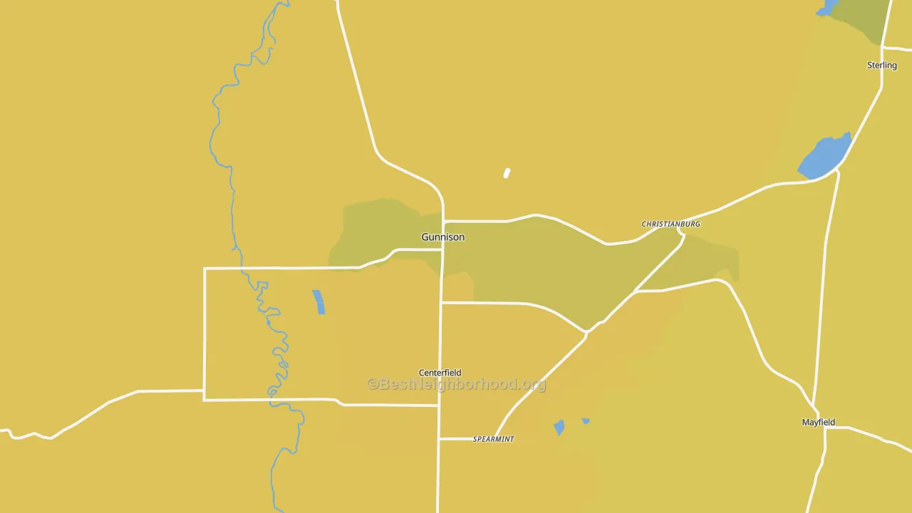 Map of the best neighborhoods in the 84634 area, with better matches in green and worse matches in red