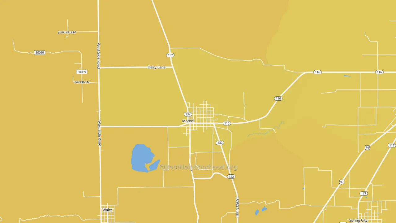 Map of the best neighborhoods in the 84646 area, with better matches in green and worse matches in red