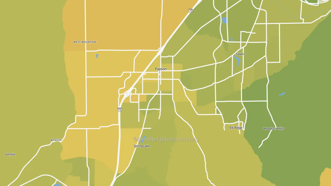 Map of the best neighborhoods in the 84651 area, with better matches in green and worse matches in red