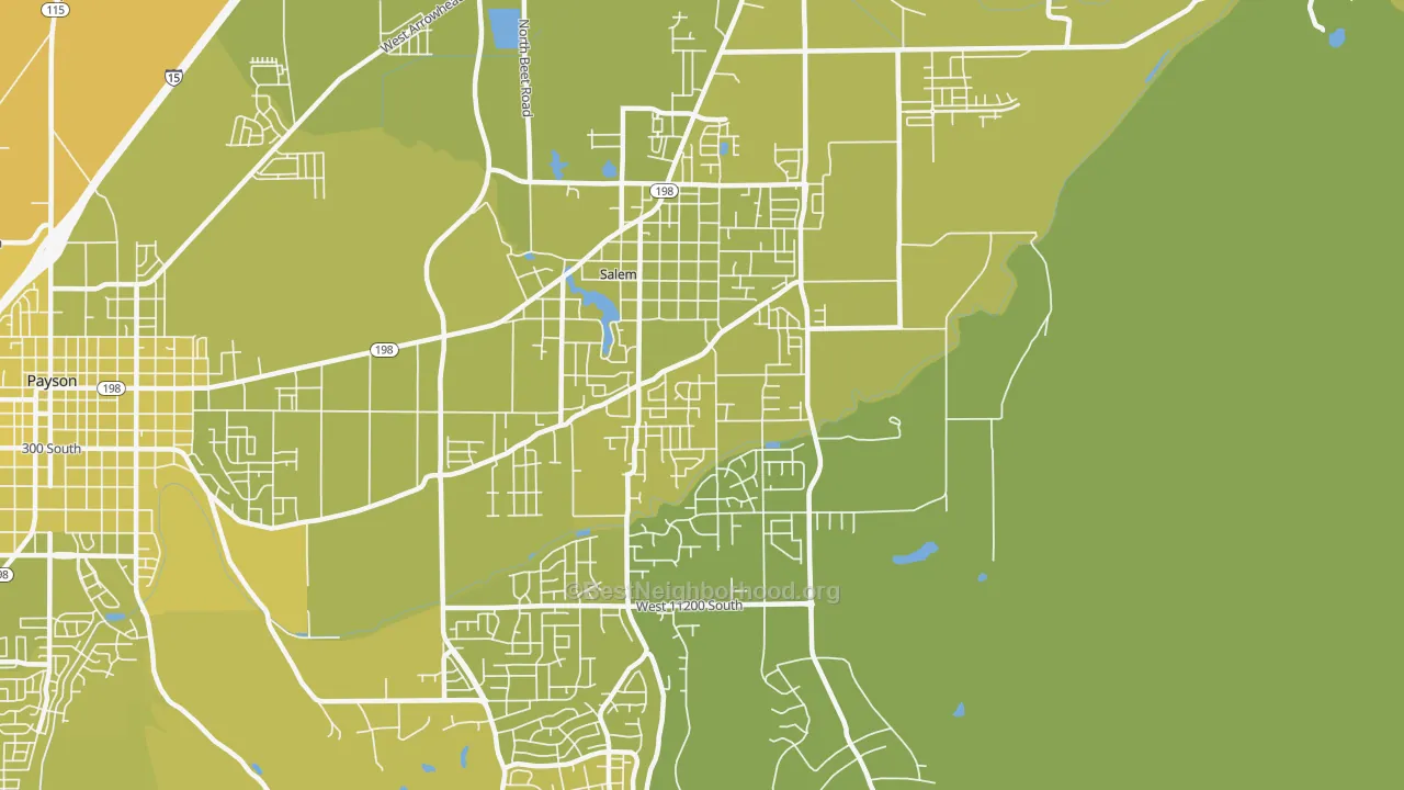 Map of the best neighborhoods in the 84653 area, with better matches in green and worse matches in red