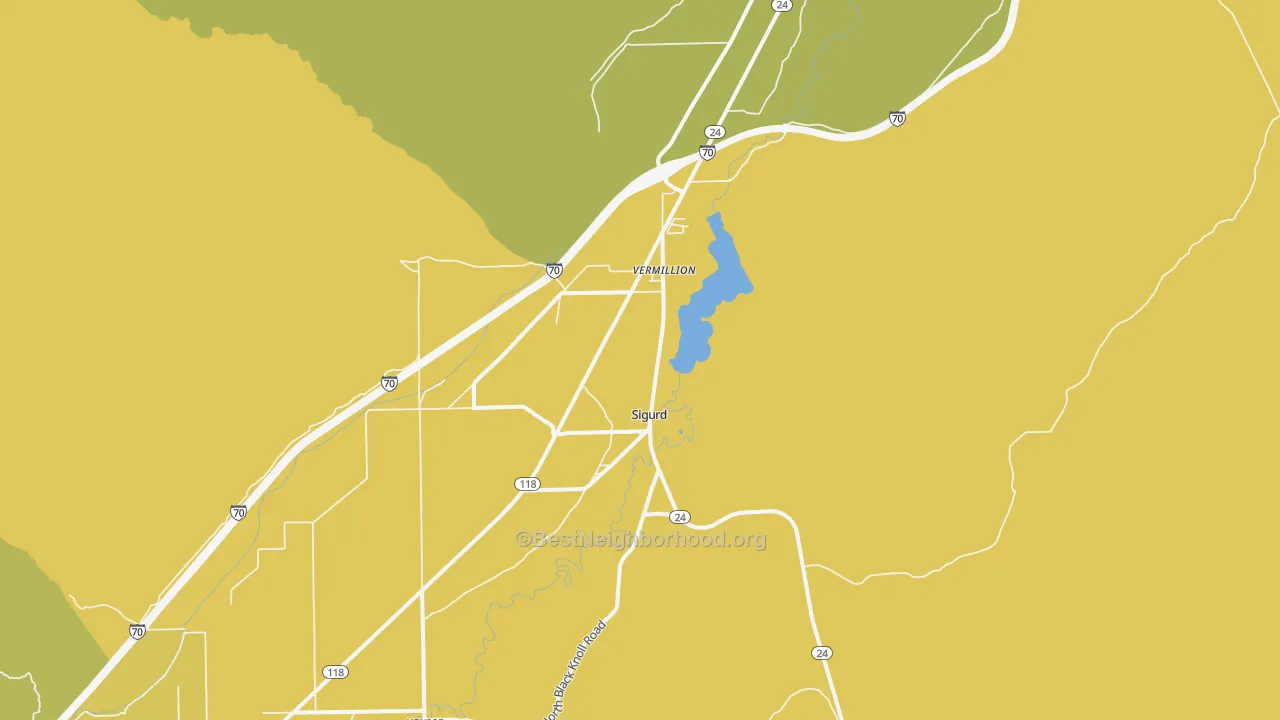 Map of the best neighborhoods in the 84657 area, with better matches in green and worse matches in red