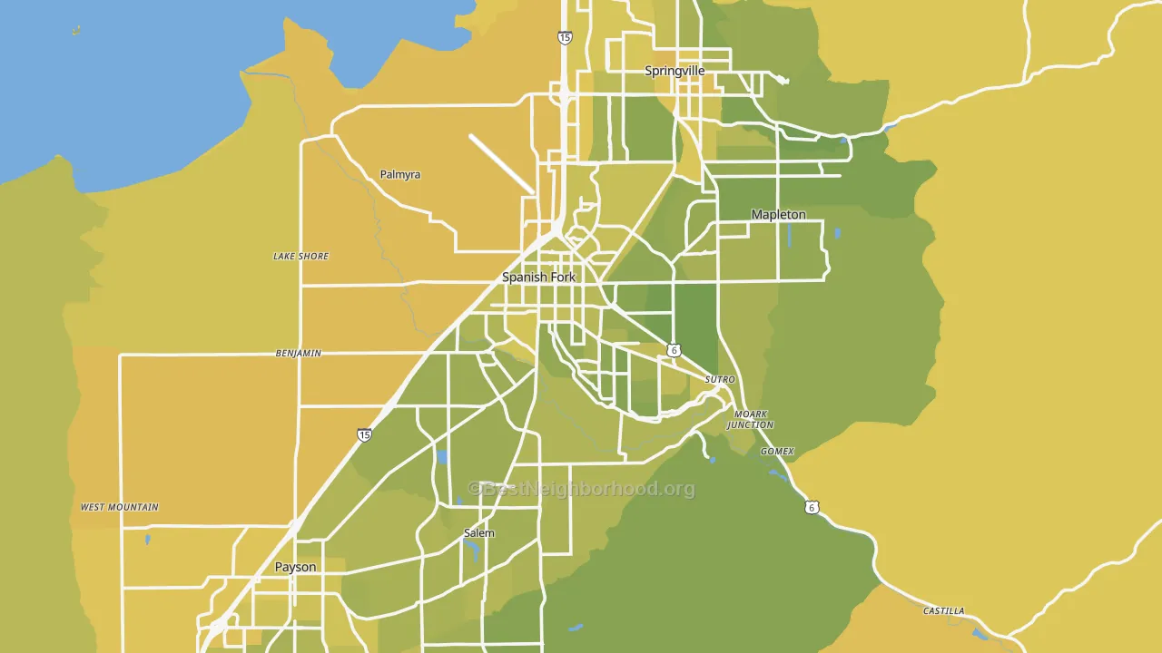 Map of the best neighborhoods in the 84660 area, with better matches in green and worse matches in red