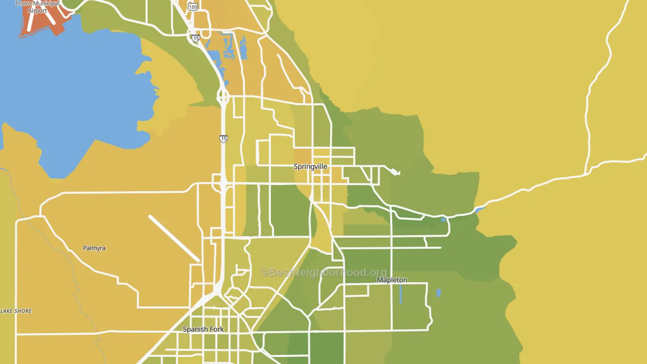 Map of the best neighborhoods in the 84663 area, with better matches in green and worse matches in red