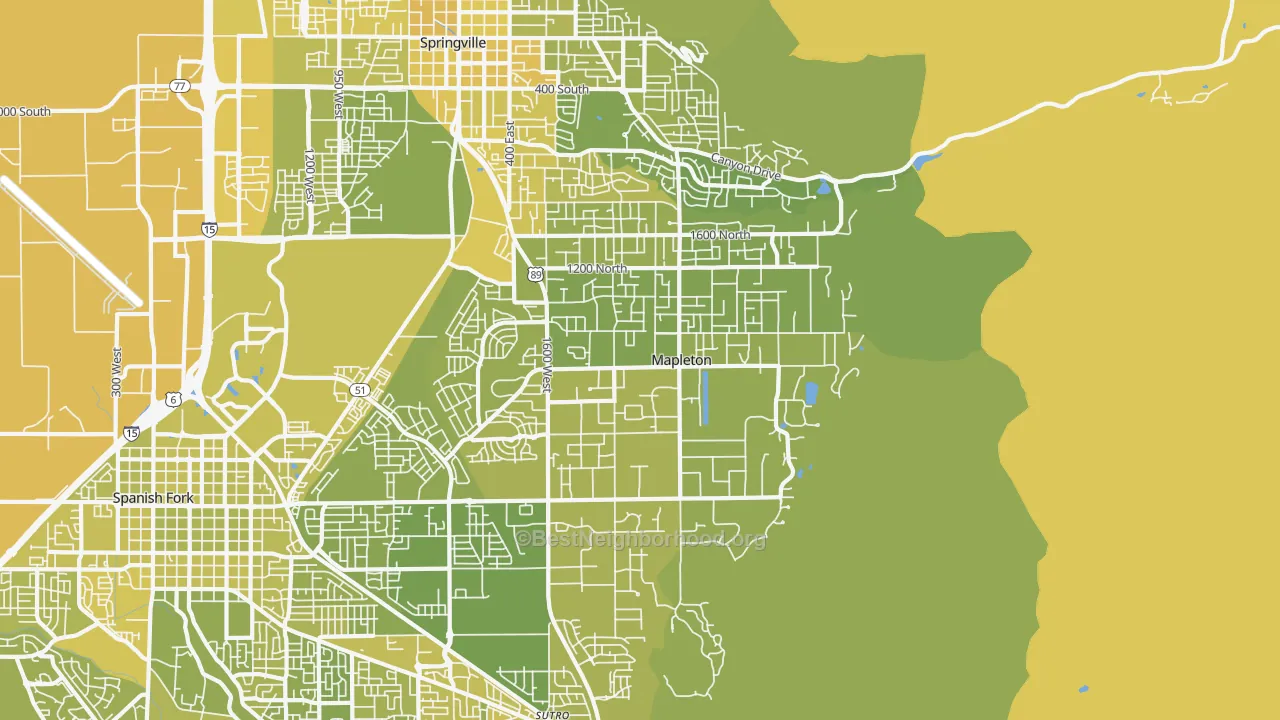 Map of the best neighborhoods in the 84664 area, with better matches in green and worse matches in red