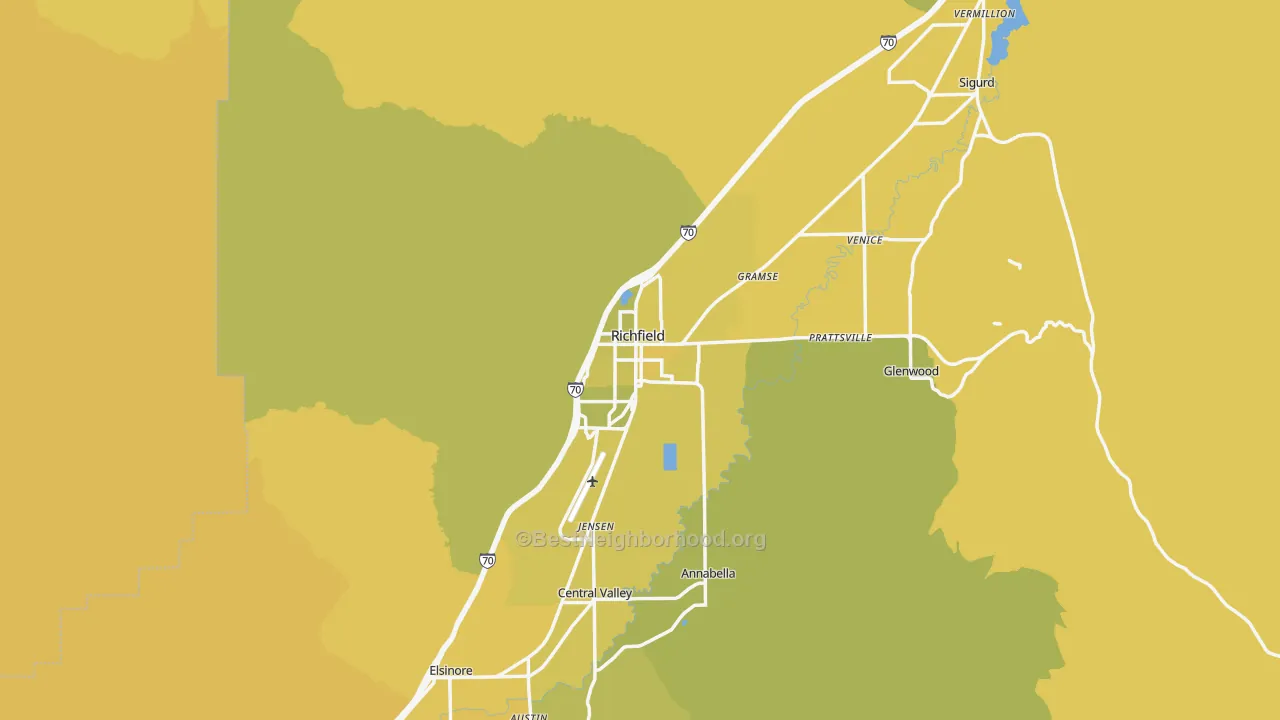 Map of the best neighborhoods in the 84701 area, with better matches in green and worse matches in red