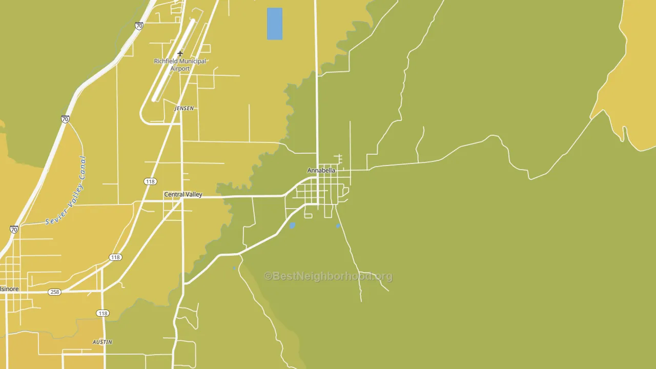 Map of the best neighborhoods in the 84711 area, with better matches in green and worse matches in red