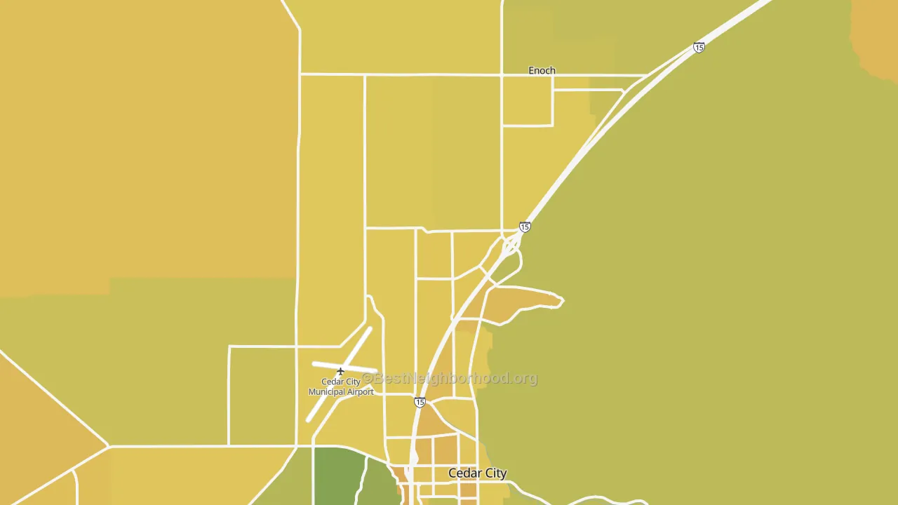 Map of the best neighborhoods in the 84721 area, with better matches in green and worse matches in red