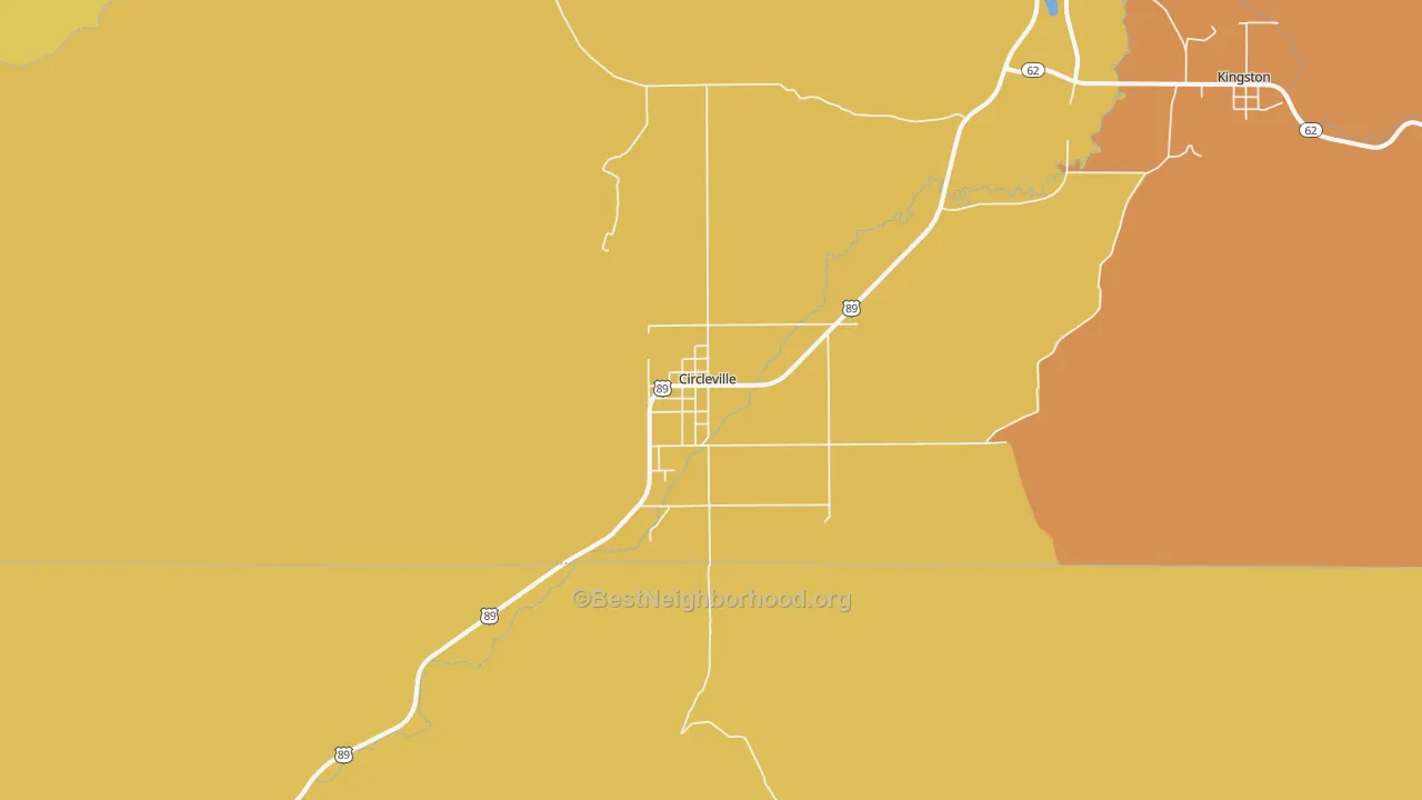 Map of the best neighborhoods in the 84723 area, with better matches in green and worse matches in red