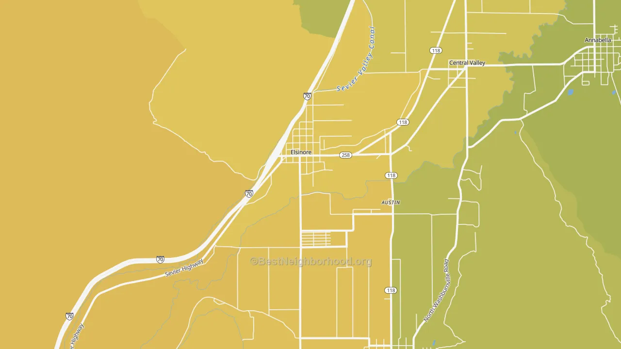 Map of the best neighborhoods in the 84724 area, with better matches in green and worse matches in red