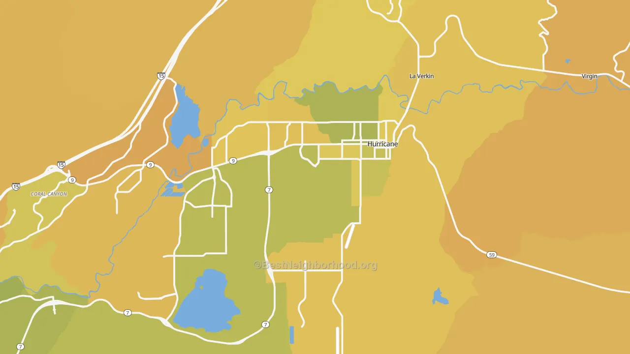 Map of the best neighborhoods in the 84737 area, with better matches in green and worse matches in red