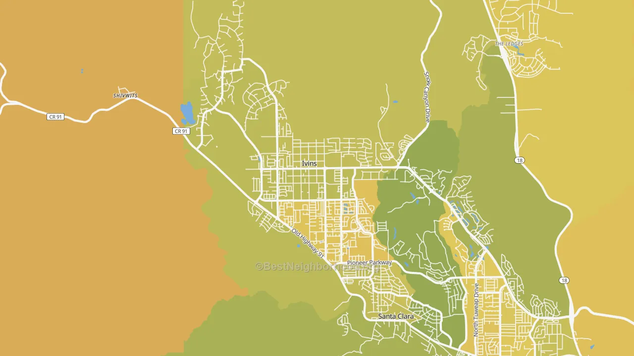Map of the best neighborhoods in the 84738 area, with better matches in green and worse matches in red