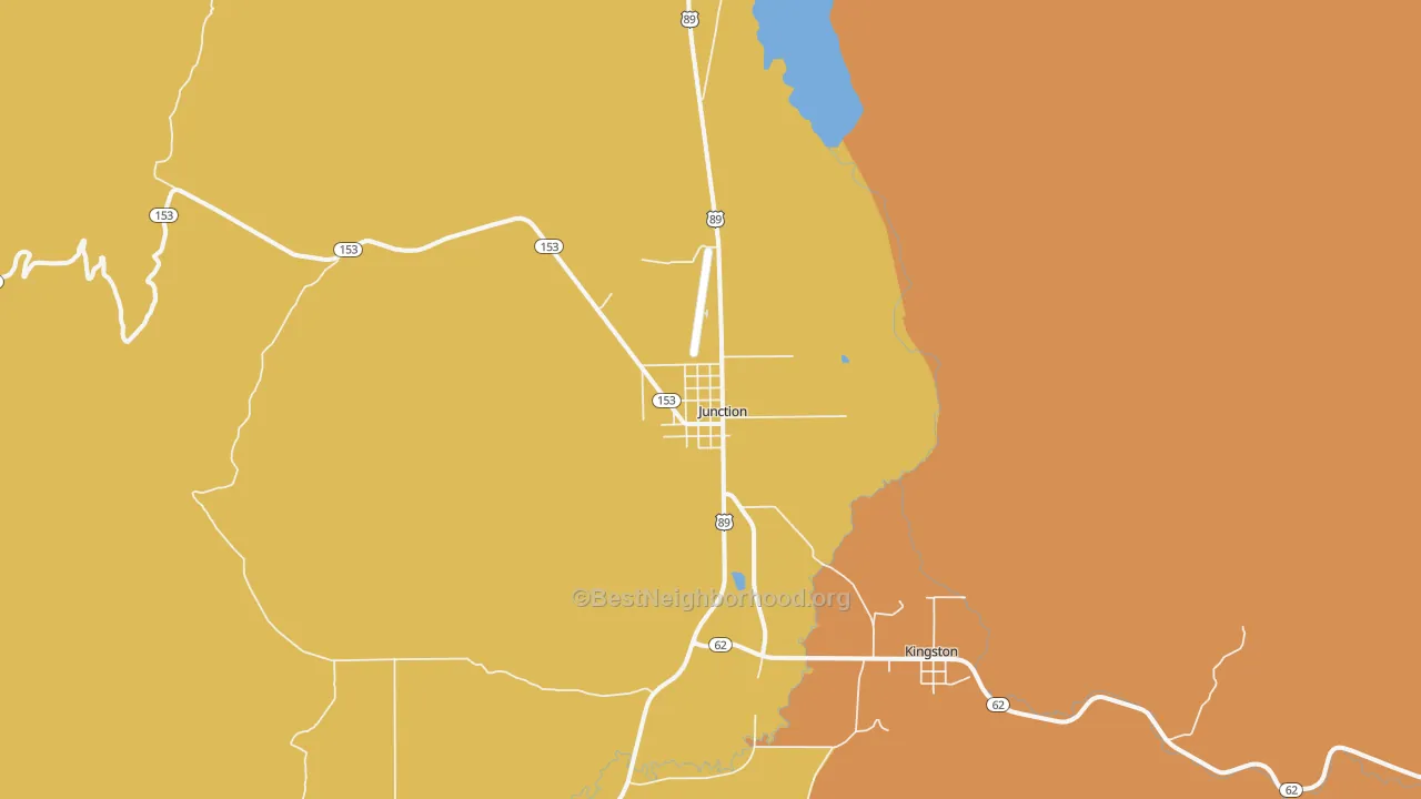 Map of the best neighborhoods in the 84740 area, with better matches in green and worse matches in red