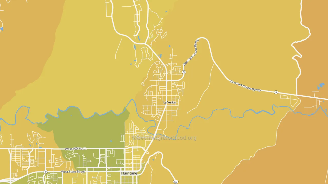 Map of the best neighborhoods in the 84745 area, with better matches in green and worse matches in red