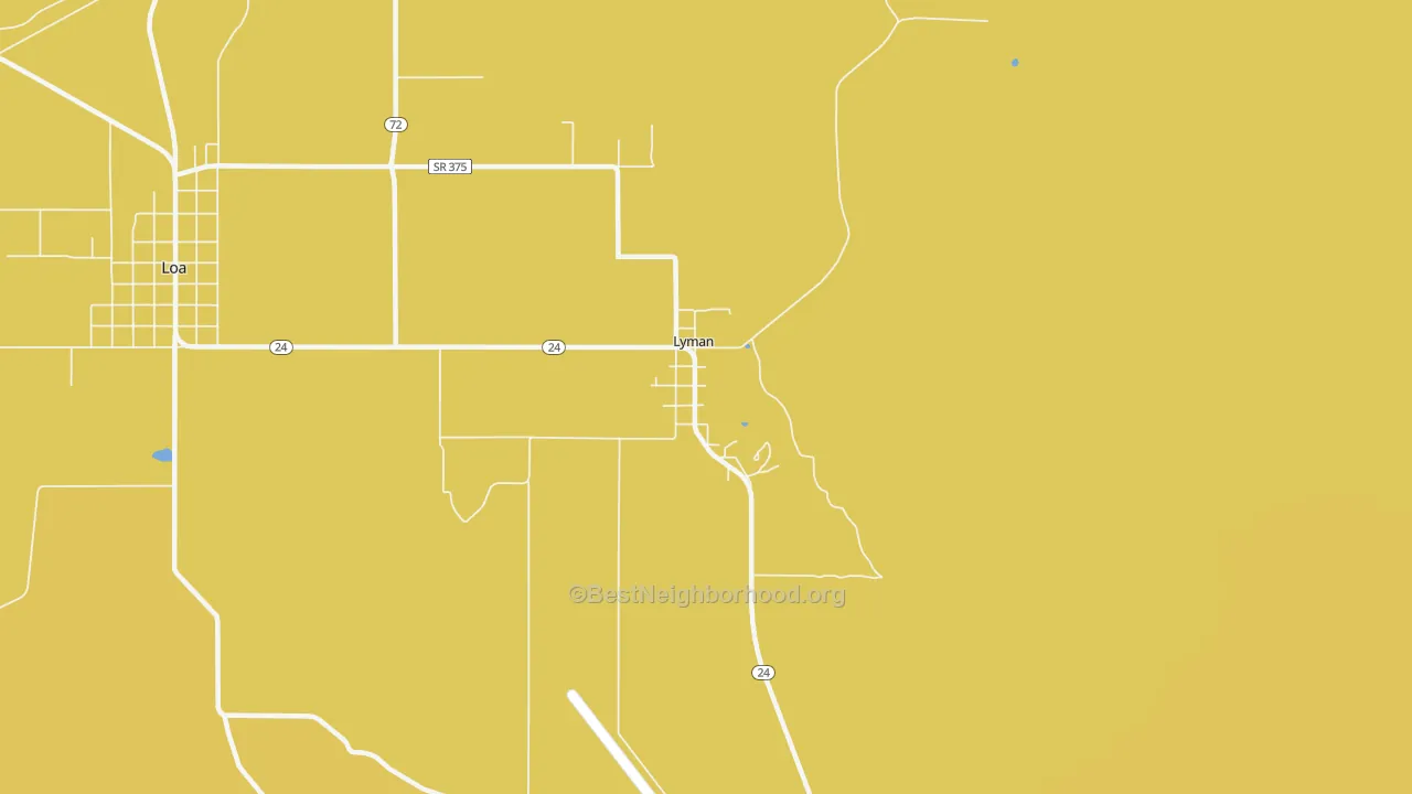 Map of the best neighborhoods in the 84749 area, with better matches in green and worse matches in red