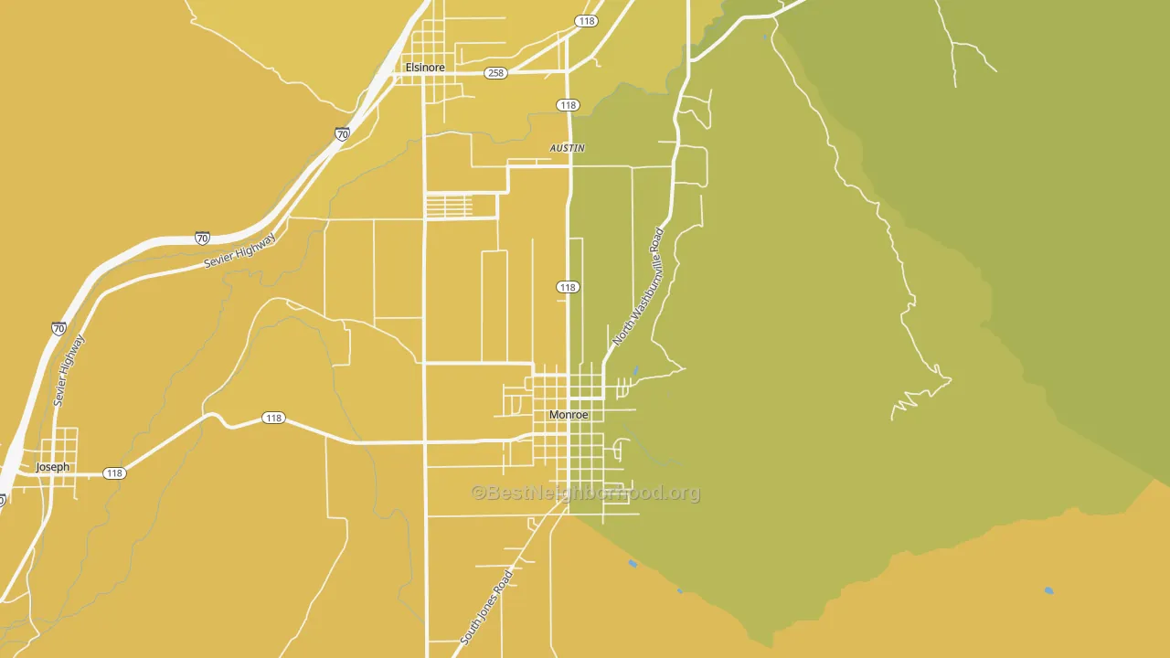 Map of the best neighborhoods in the 84754 area, with better matches in green and worse matches in red