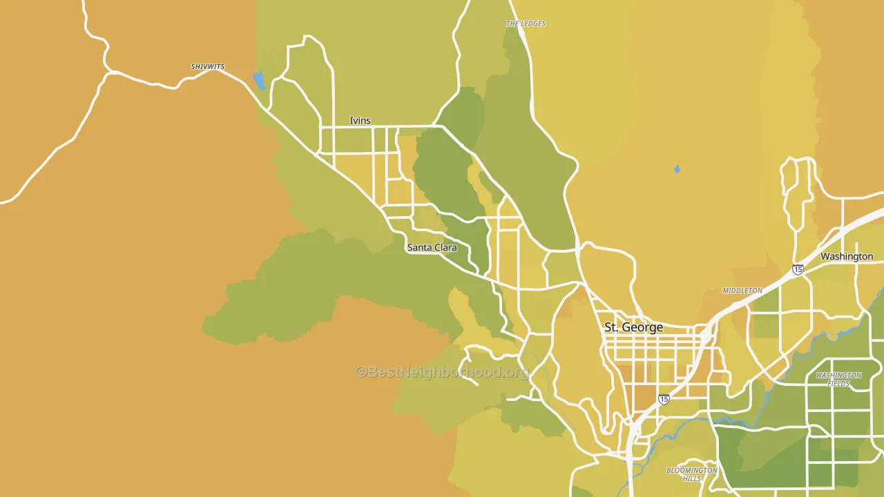 Map of the best neighborhoods in the 84765 area, with better matches in green and worse matches in red