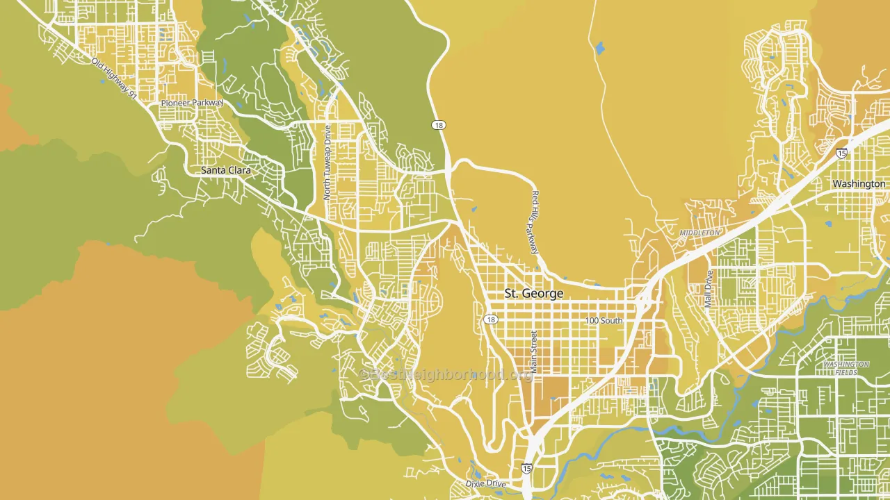 Map of the best neighborhoods in the 84770 area, with better matches in green and worse matches in red