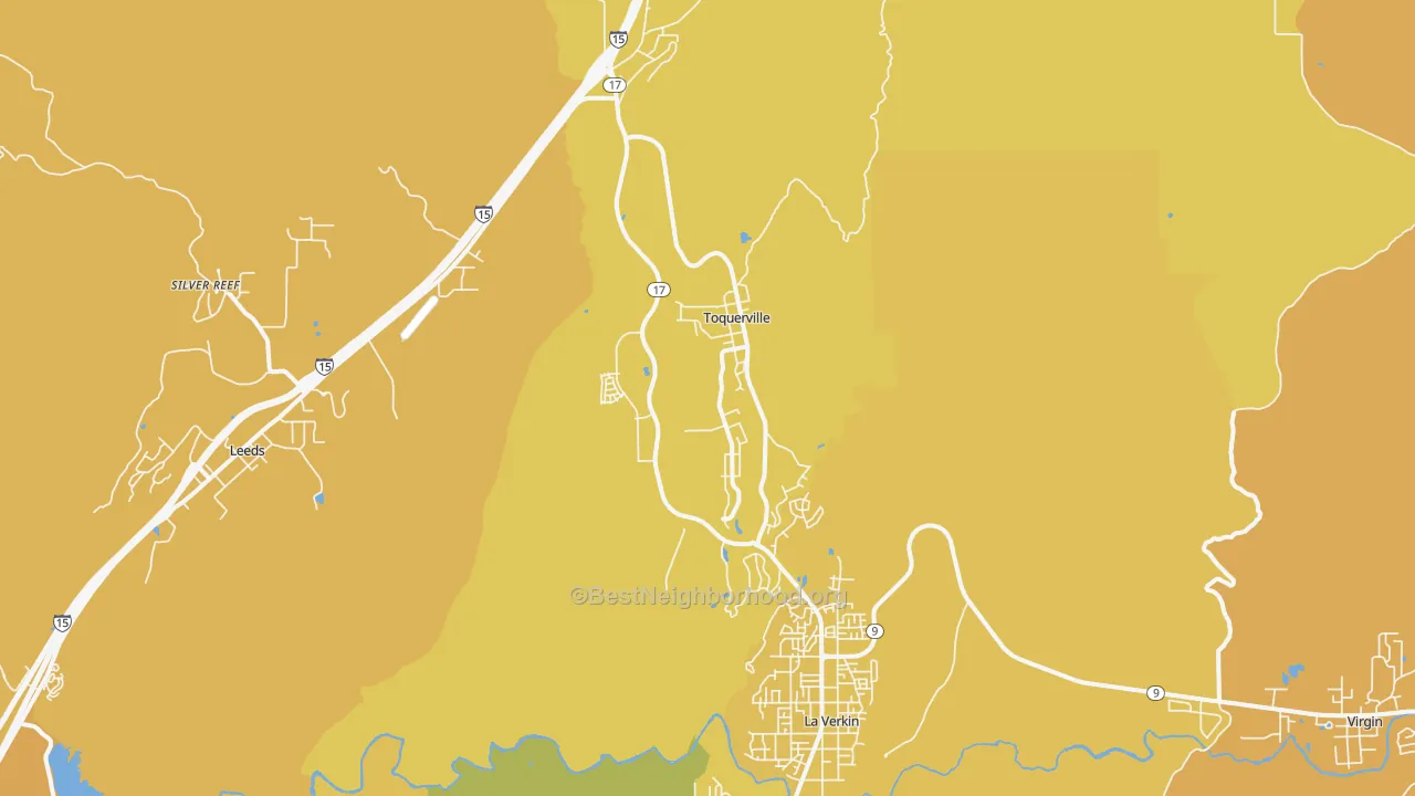 Map of the best neighborhoods in the 84774 area, with better matches in green and worse matches in red