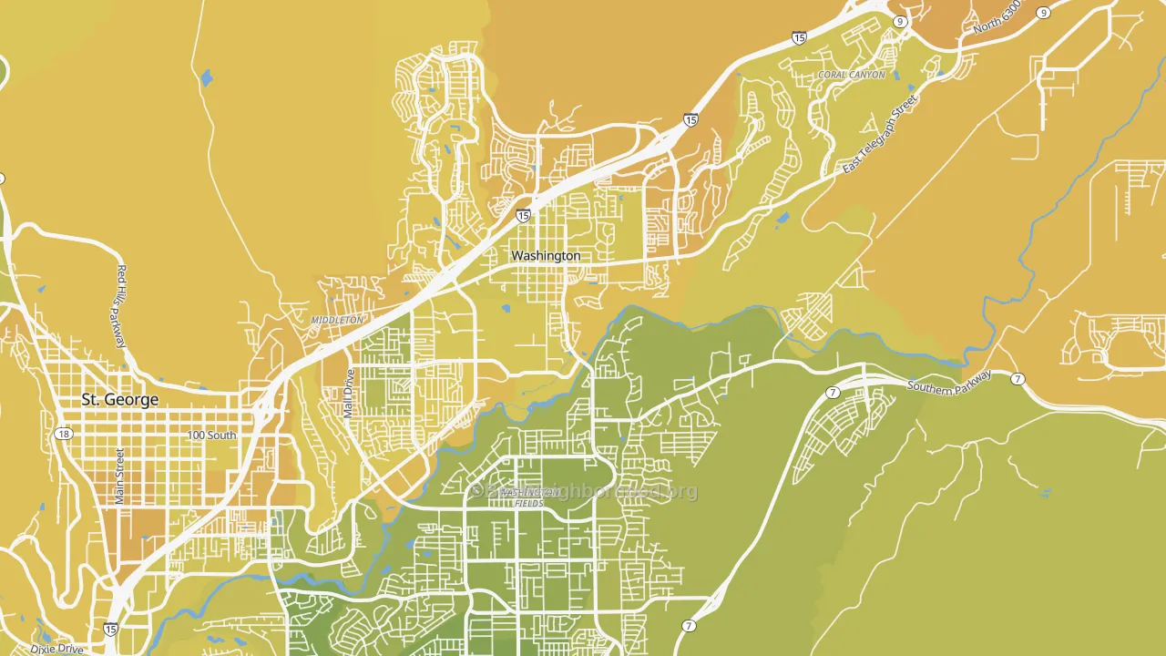 Map of the best neighborhoods in the 84780 area, with better matches in green and worse matches in red