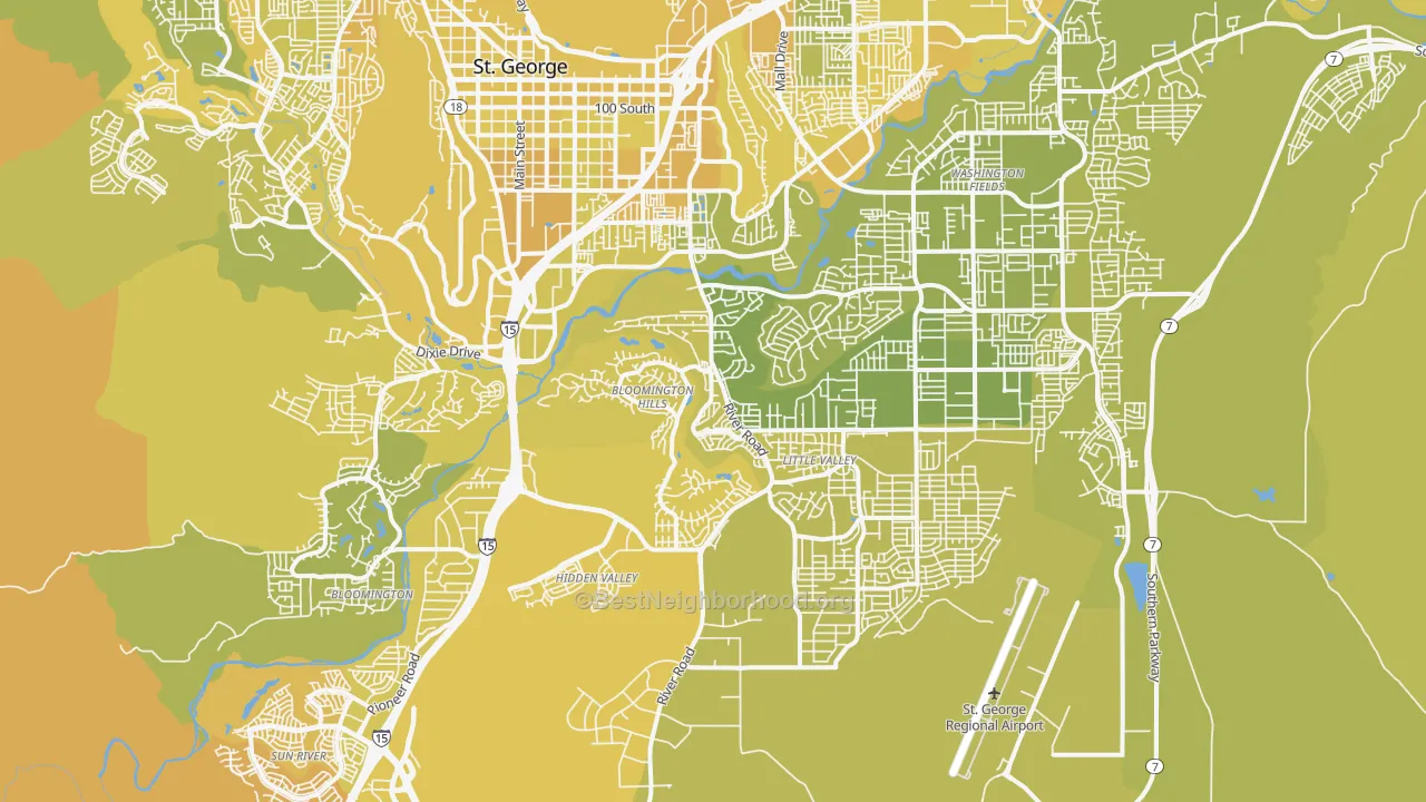 Map of the best neighborhoods in the 84790 area, with better matches in green and worse matches in red