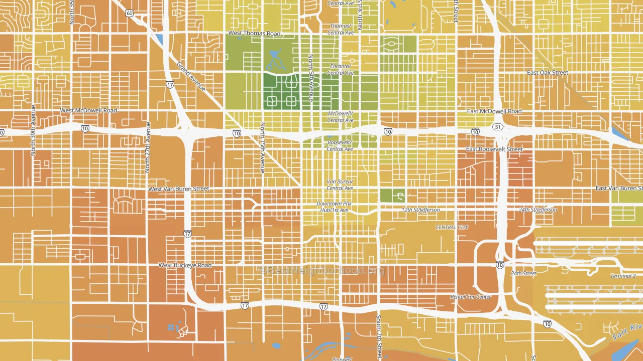 Map of the best neighborhoods in the 85003 area, with better matches in green and worse matches in red