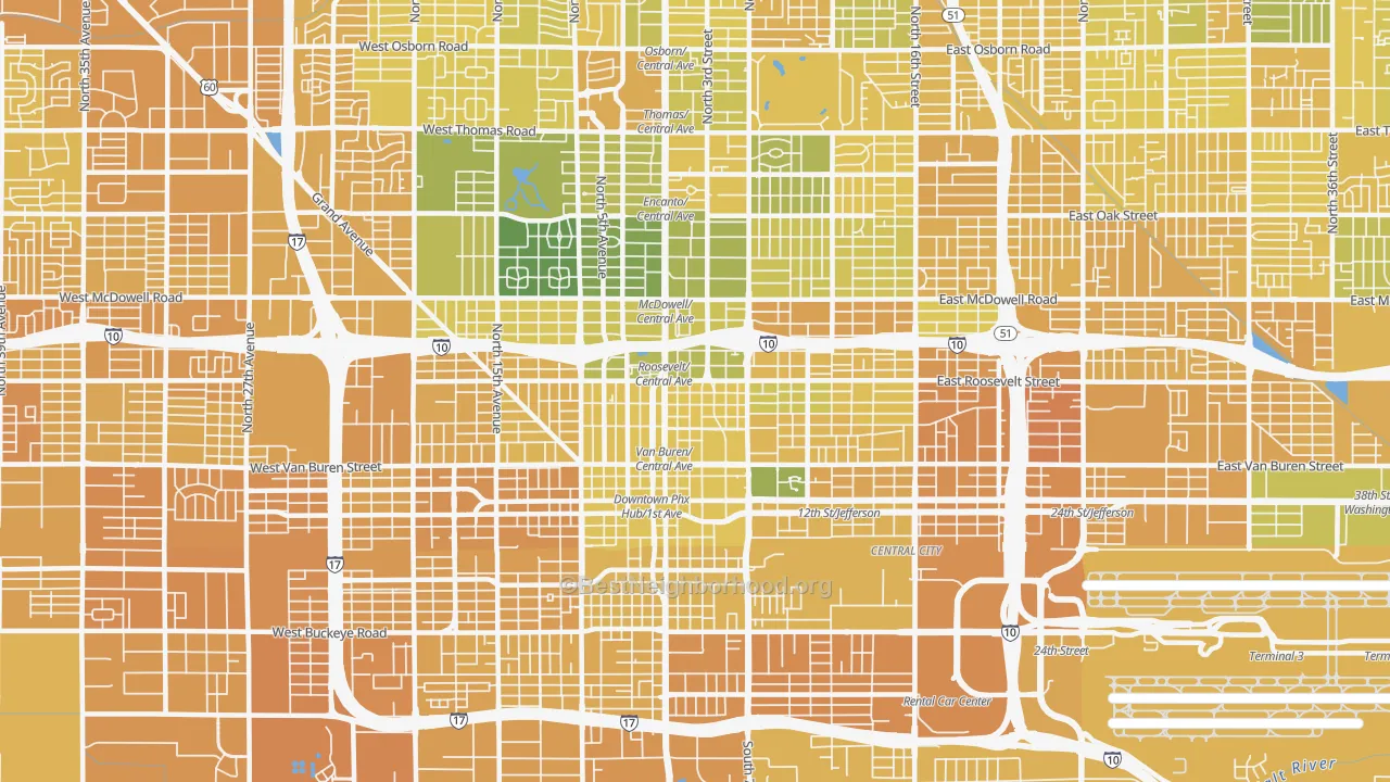 Map of the best neighborhoods in the 85004 area, with better matches in green and worse matches in red