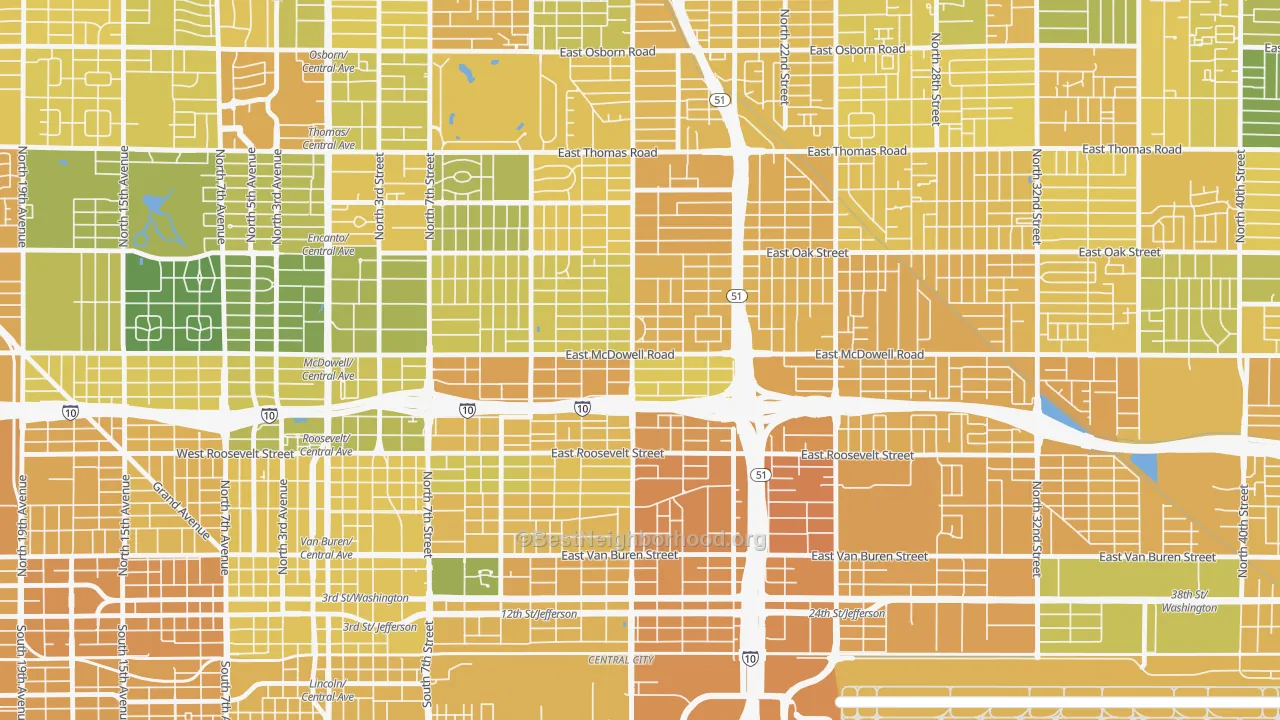 Map of the best neighborhoods in the 85006 area, with better matches in green and worse matches in red