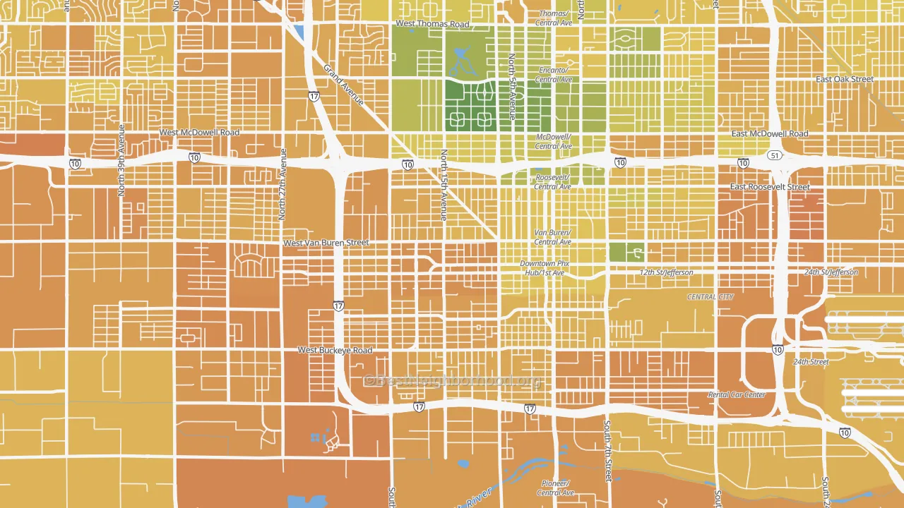 Map of the best neighborhoods in the 85007 area, with better matches in green and worse matches in red