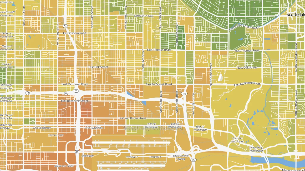 Map of the best neighborhoods in the 85008 area, with better matches in green and worse matches in red