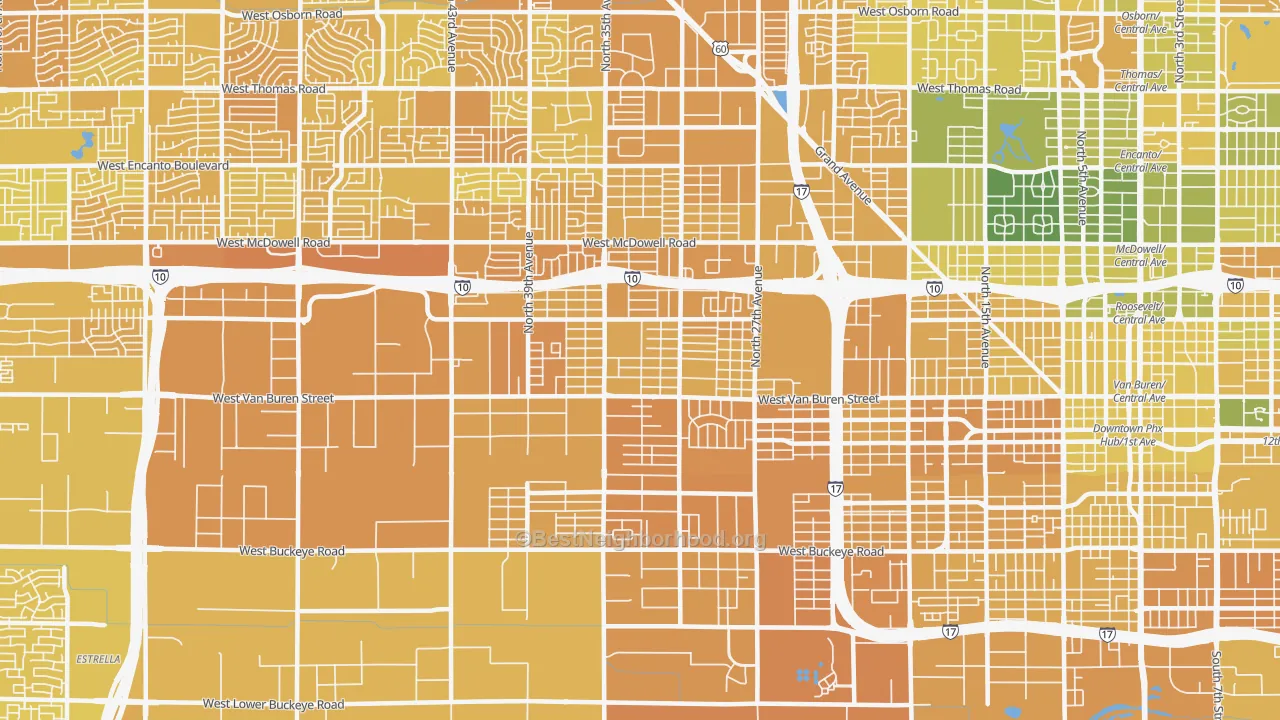 Map of the best neighborhoods in the 85009 area, with better matches in green and worse matches in red