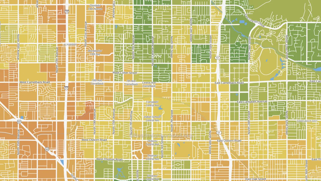 Map of the best neighborhoods in the 85012 area, with better matches in green and worse matches in red
