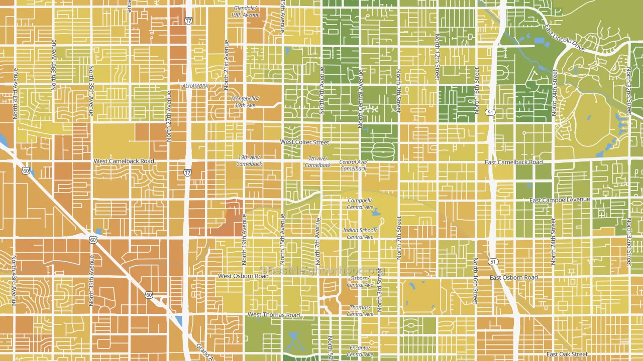 Map of the best neighborhoods in the 85013 area, with better matches in green and worse matches in red