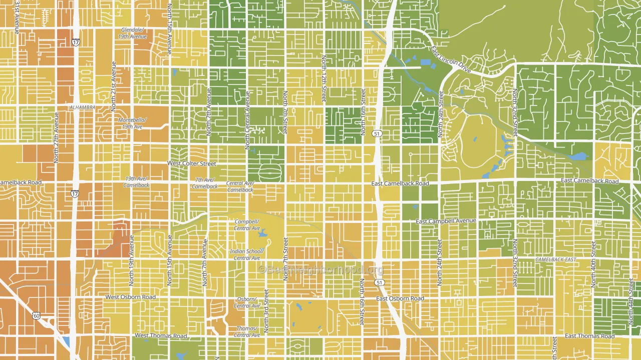 Map of the best neighborhoods in the 85014 area, with better matches in green and worse matches in red