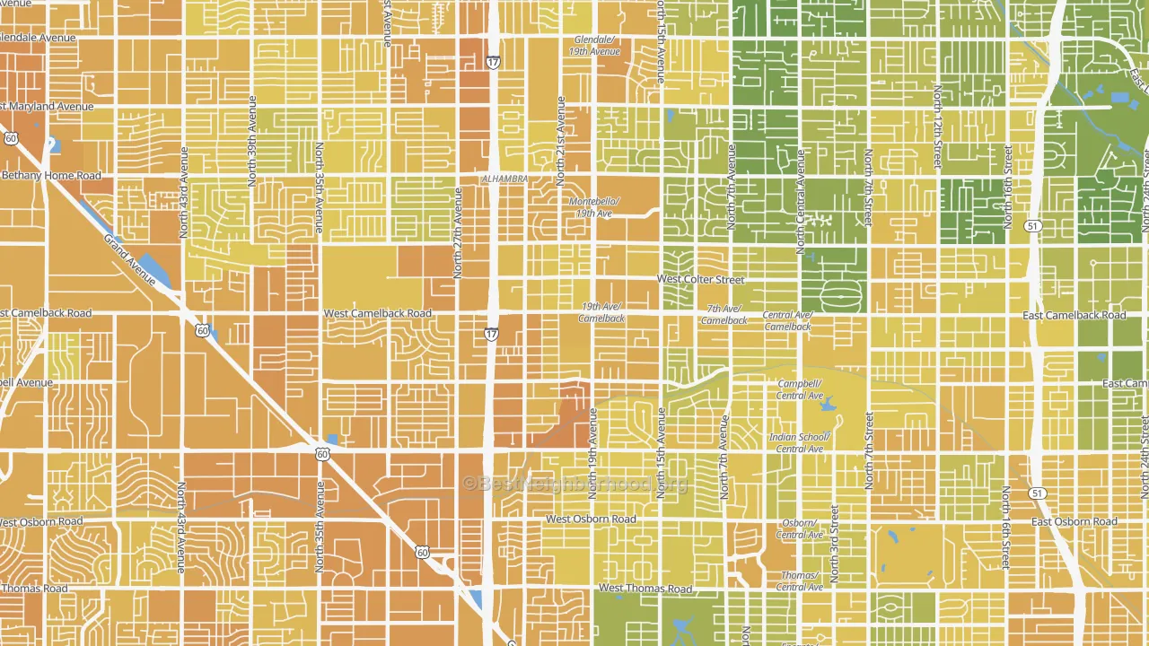 Map of the best neighborhoods in the 85015 area, with better matches in green and worse matches in red