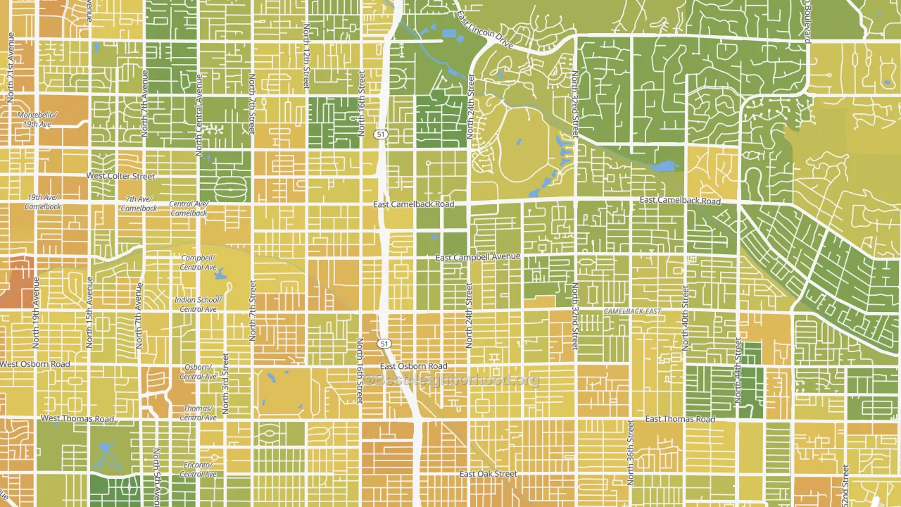 Map of the best neighborhoods in the 85016 area, with better matches in green and worse matches in red