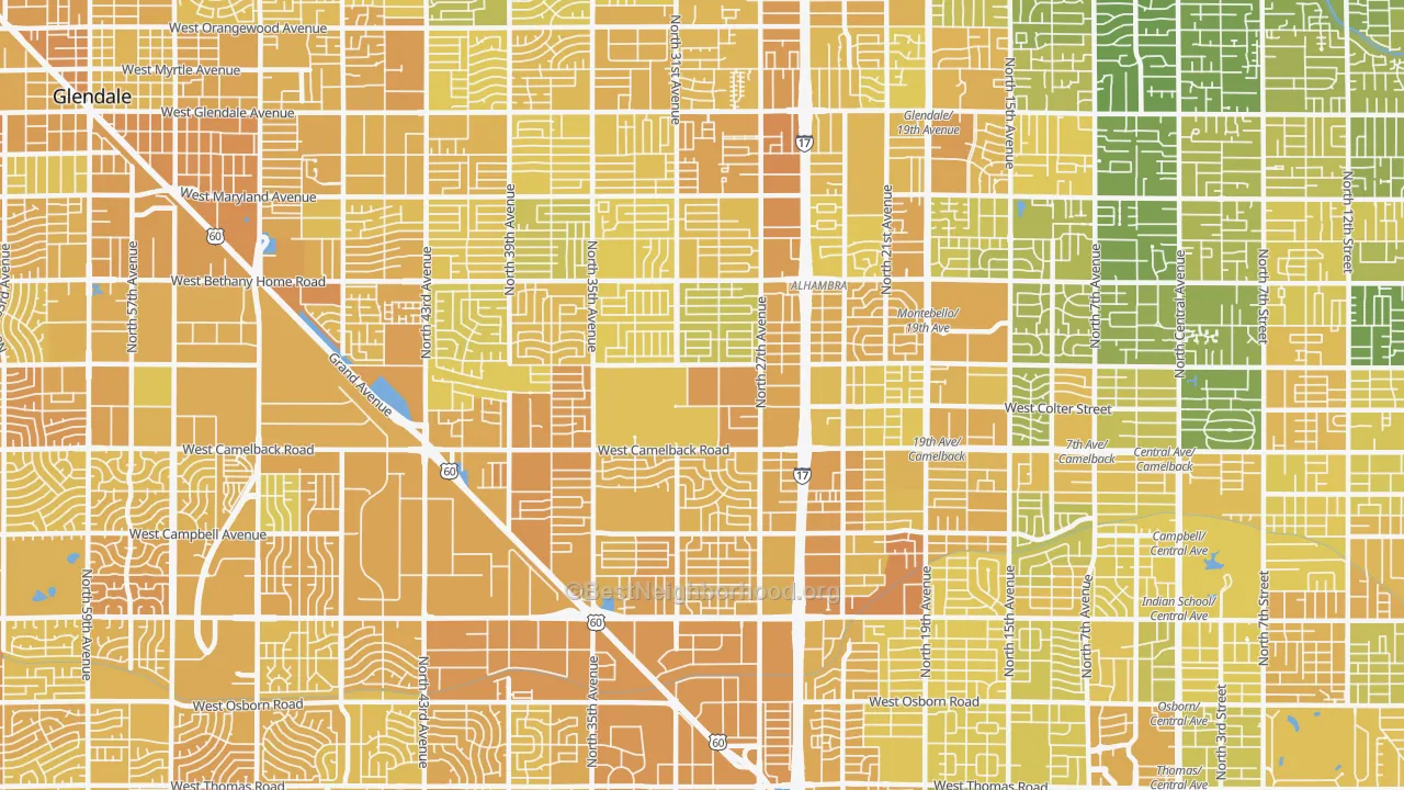 Map of the best neighborhoods in the 85017 area, with better matches in green and worse matches in red