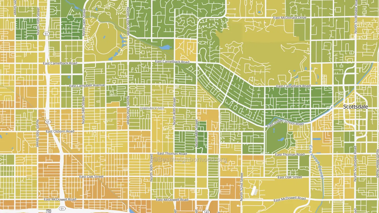 Map of the best neighborhoods in the 85018 area, with better matches in green and worse matches in red