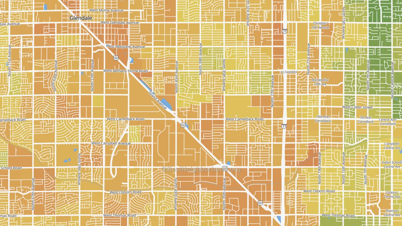 Map of the best neighborhoods in the 85019 area, with better matches in green and worse matches in red