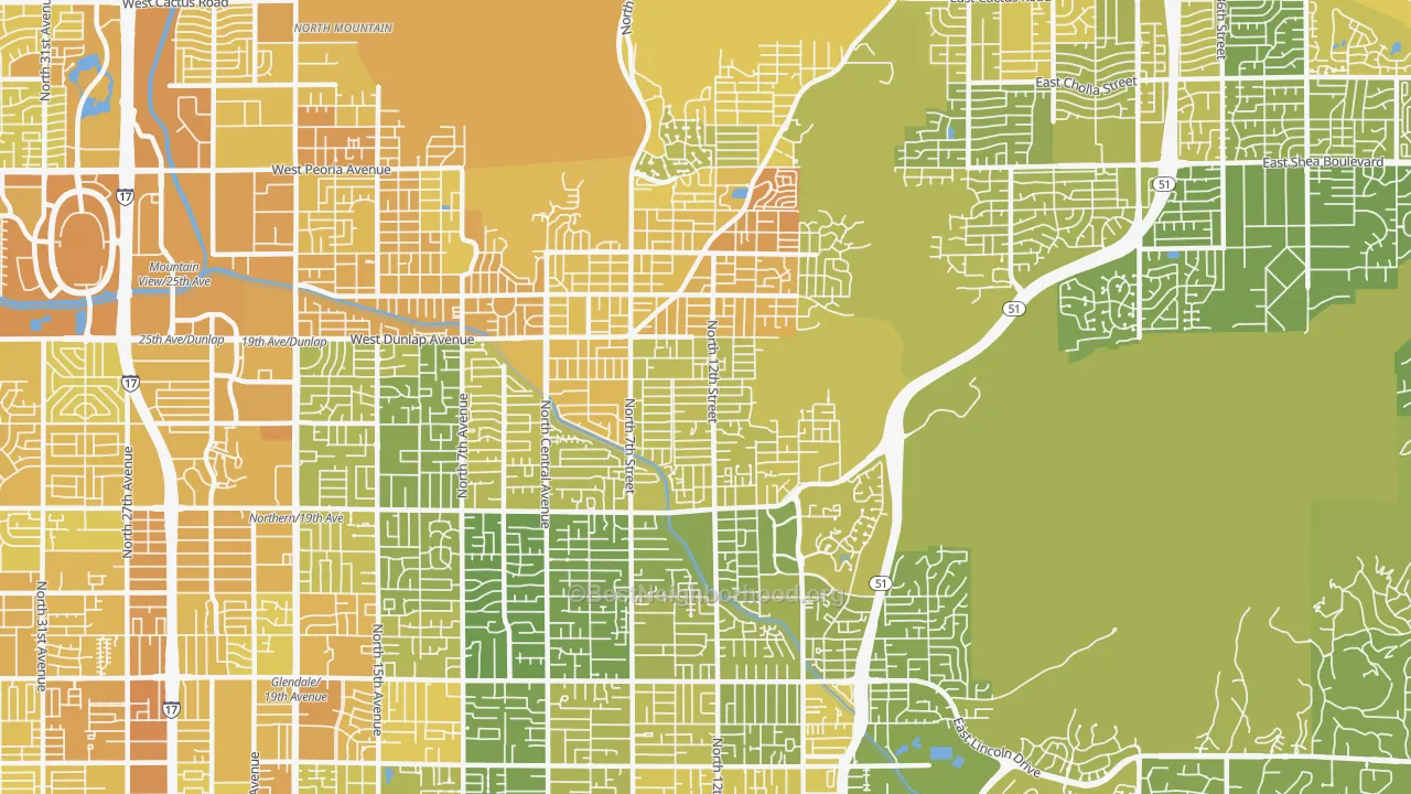 Map of the best neighborhoods in the 85020 area, with better matches in green and worse matches in red
