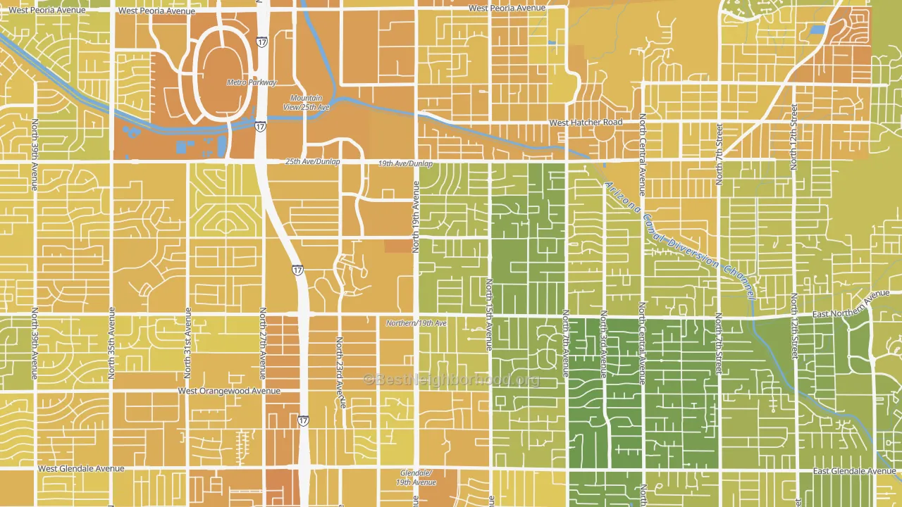 Map of the best neighborhoods in the 85021 area, with better matches in green and worse matches in red
