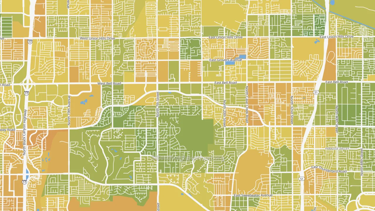 Map of the best neighborhoods in the 85022 area, with better matches in green and worse matches in red