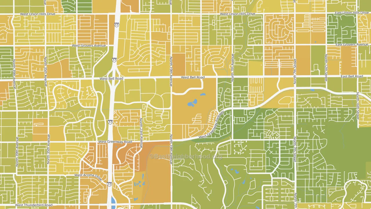 Map of the best neighborhoods in the 85023 area, with better matches in green and worse matches in red